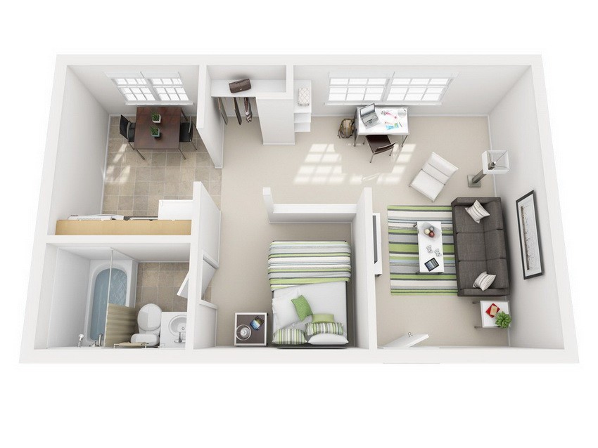 Studio apartment layout with high privacy