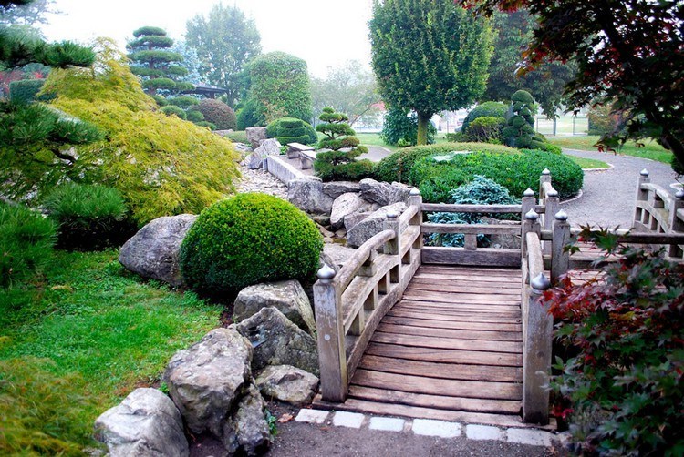 Japanese garden with a wooden bridge