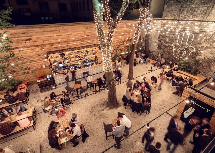 Outdoor cafe design with decorative lights