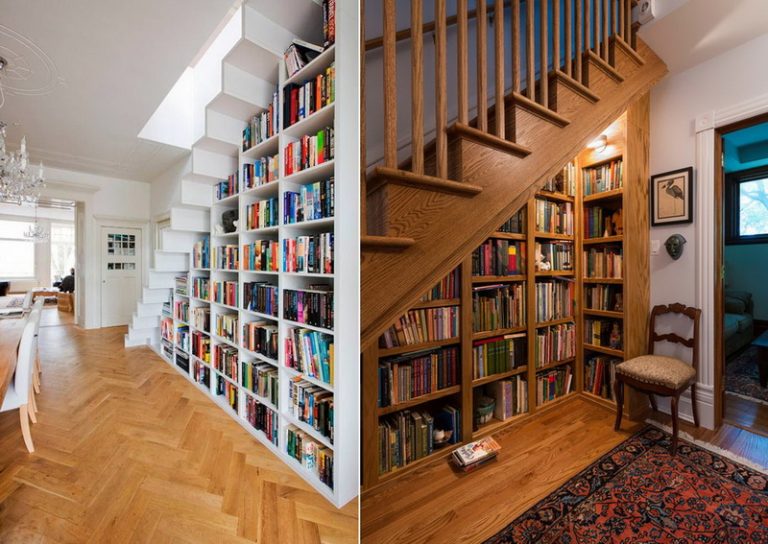 Unique bookshelves under the stairs