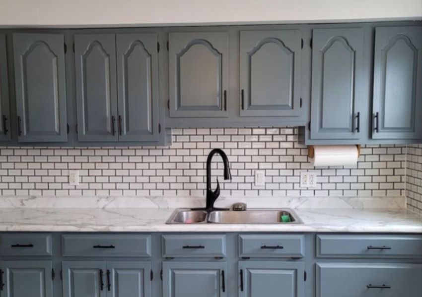 blue and gray kitchen cabinets