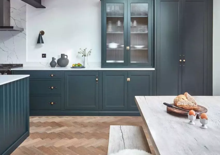 olive green blue kitchen cabinets