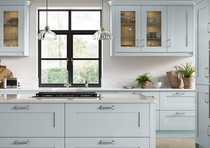 soft blue-gray kitchen cabinets