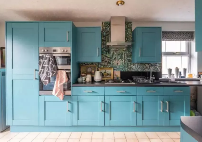 teal bohemian blue kitchen cabinets