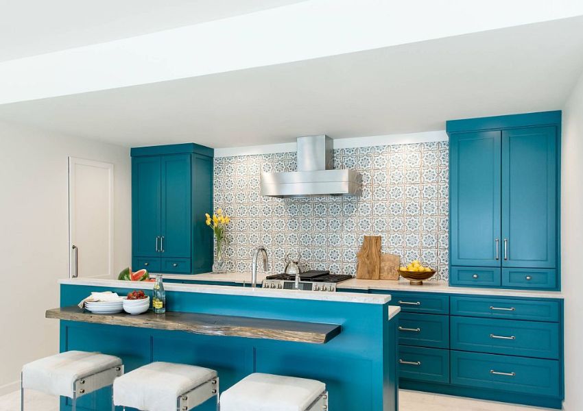 vibrant turquoise blue kitchen cabinets